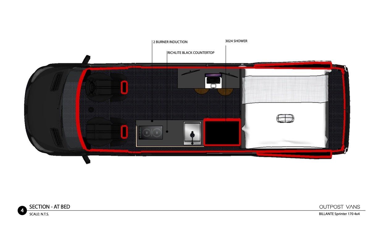 An aerial view of a red and black van.