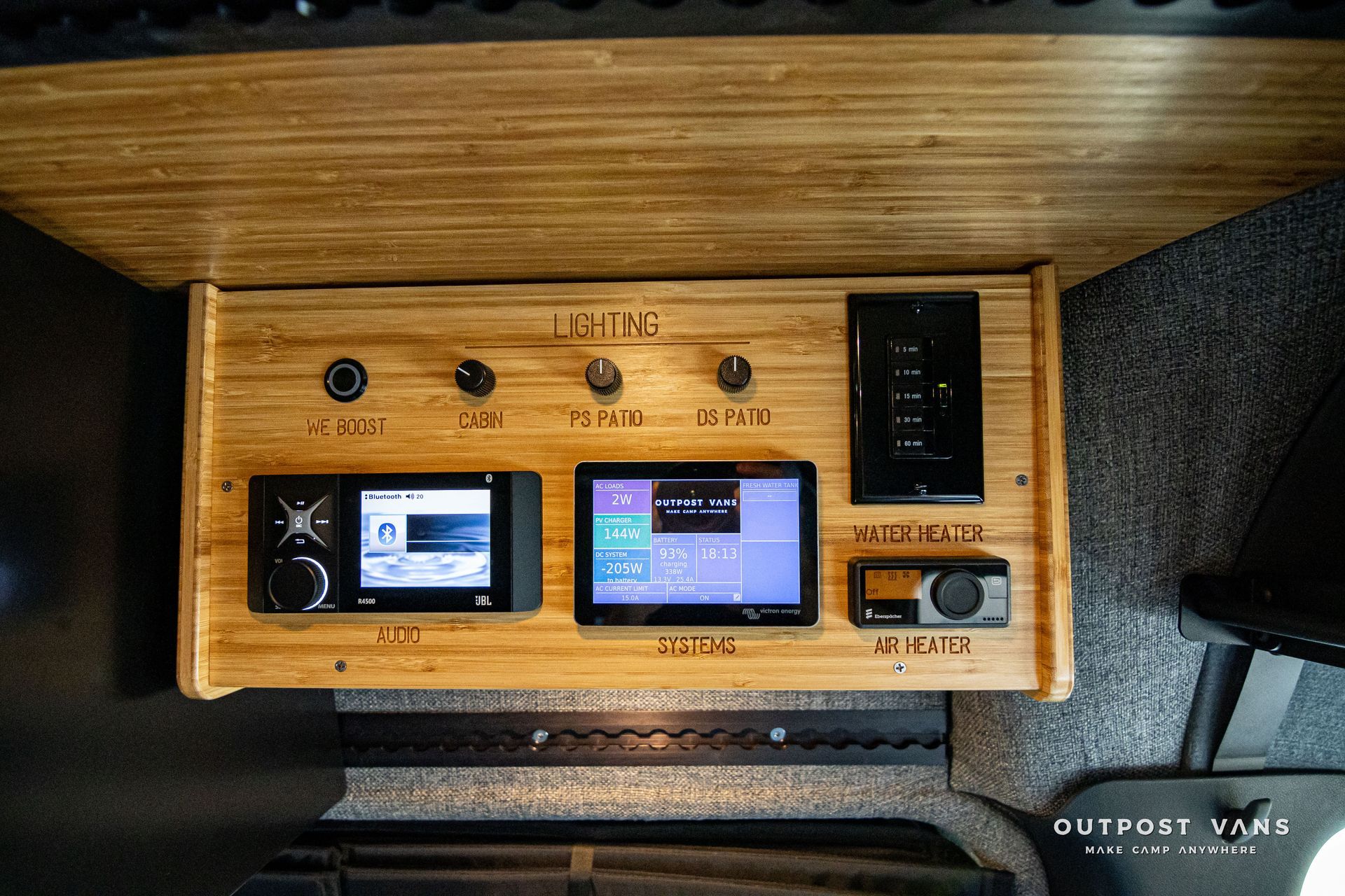 A wooden shelf with a tablet and a thermostat on it.