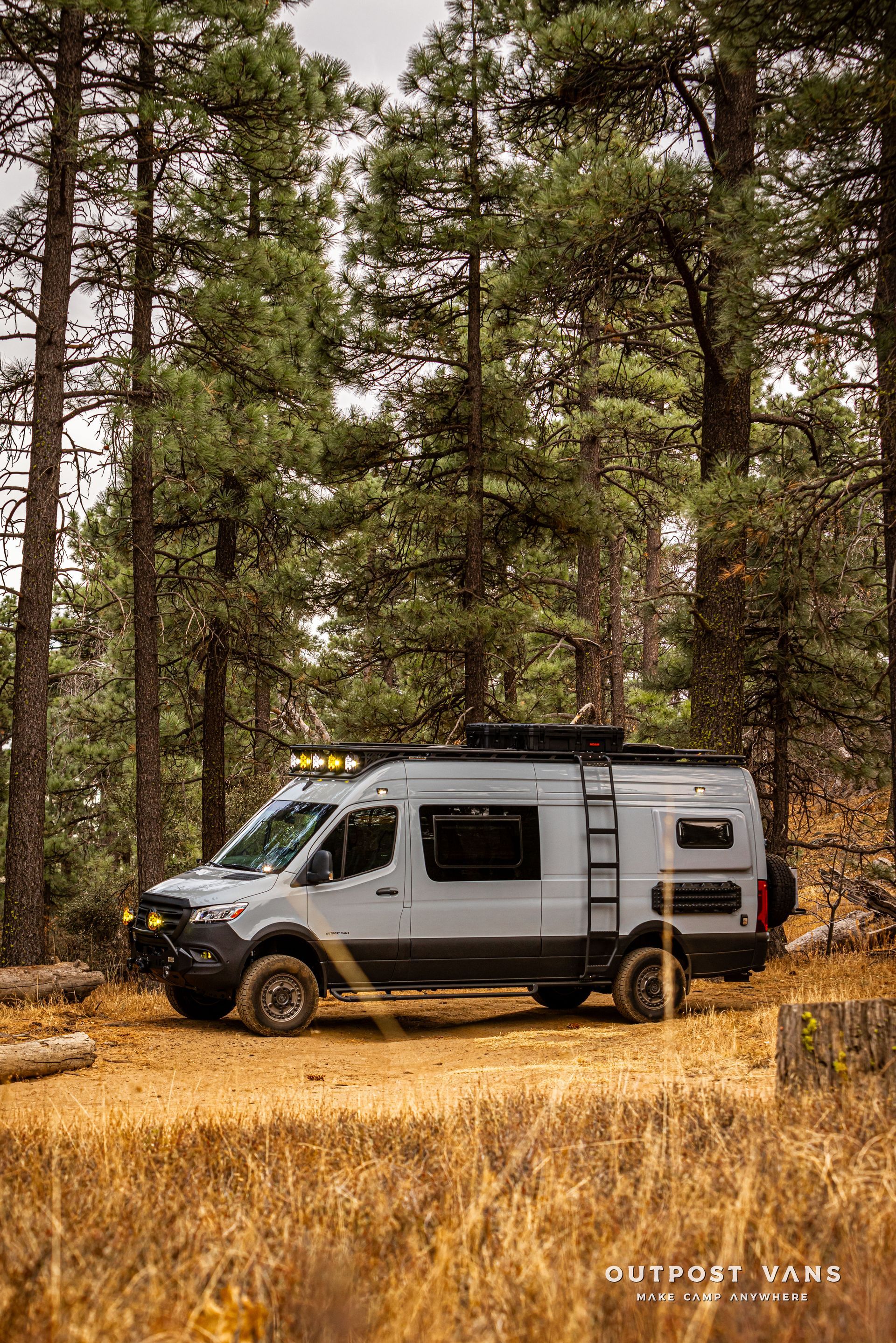 A van is parked in the middle of a field in the woods.