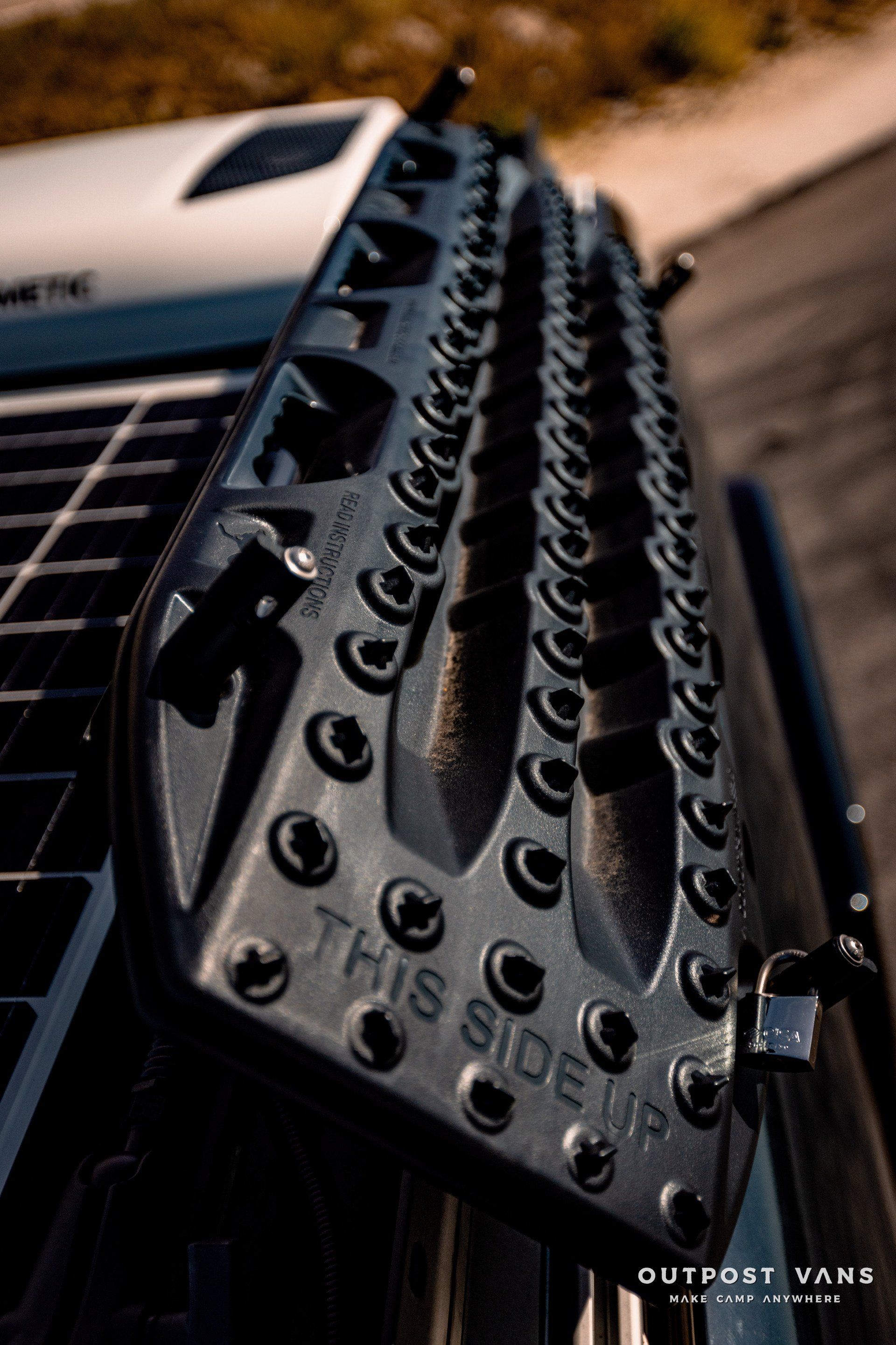 A close up of a roof rack on a truck.