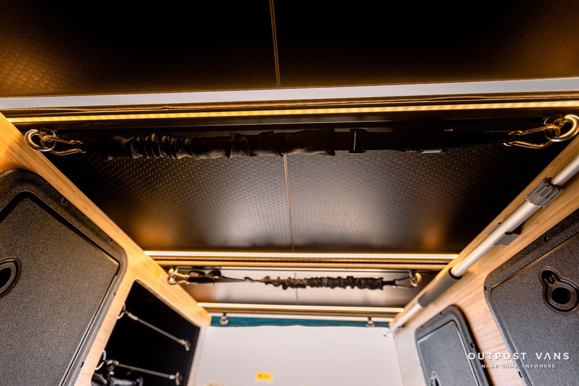 Looking up at the ceiling of a camper van