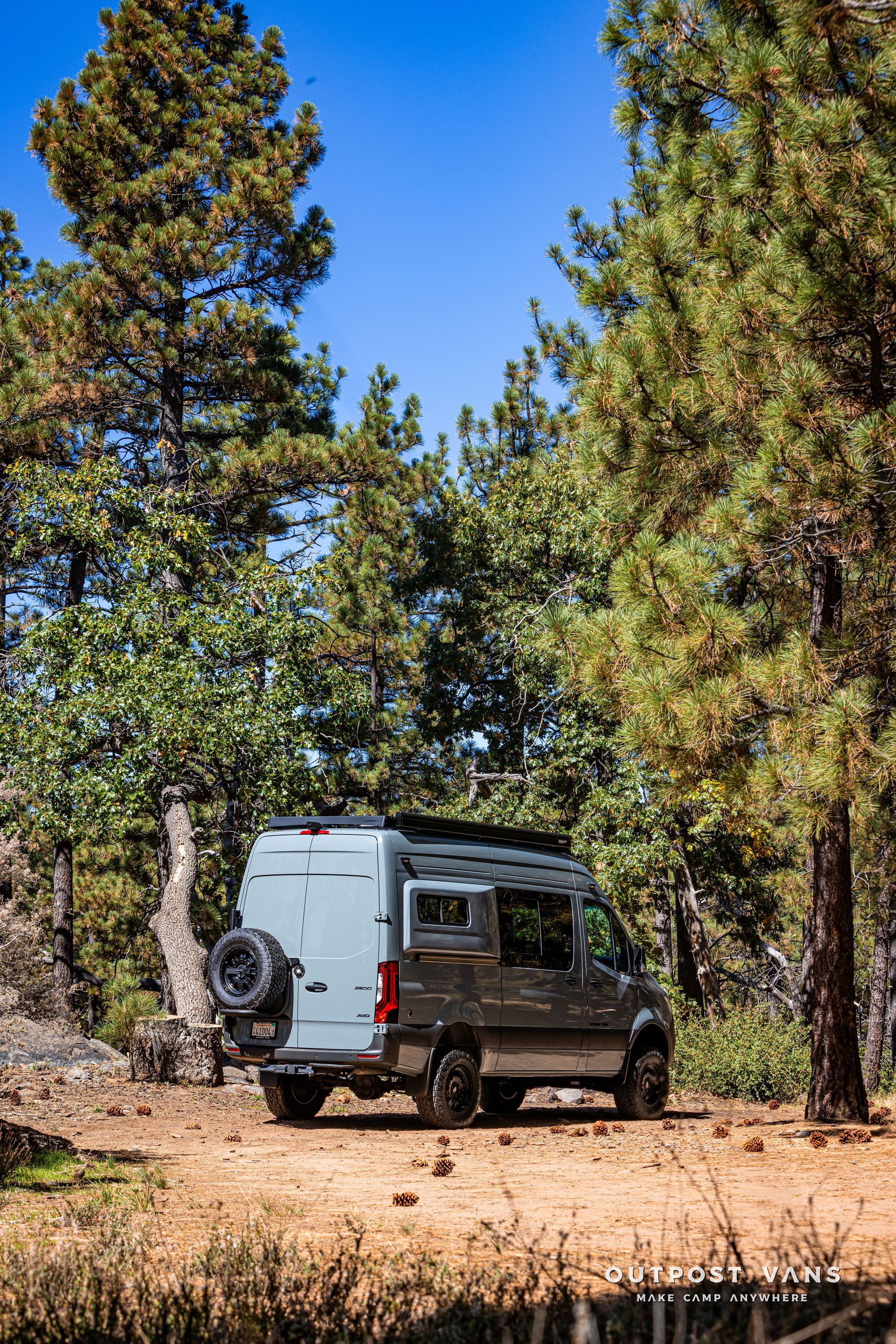 Sprinter camper van parked in a forest clearing on a sunny day.
