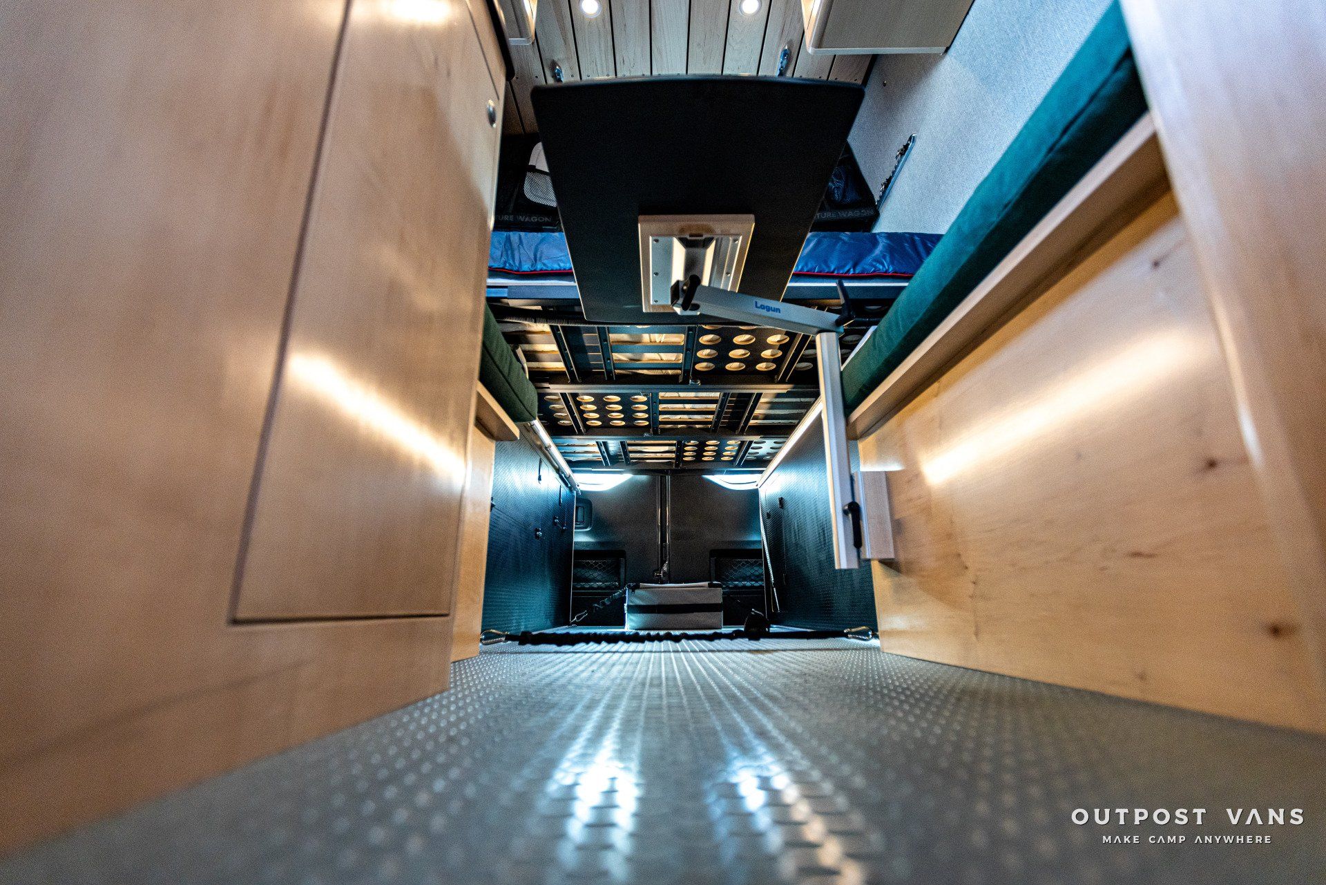 Looking up at the ceiling of a camper van