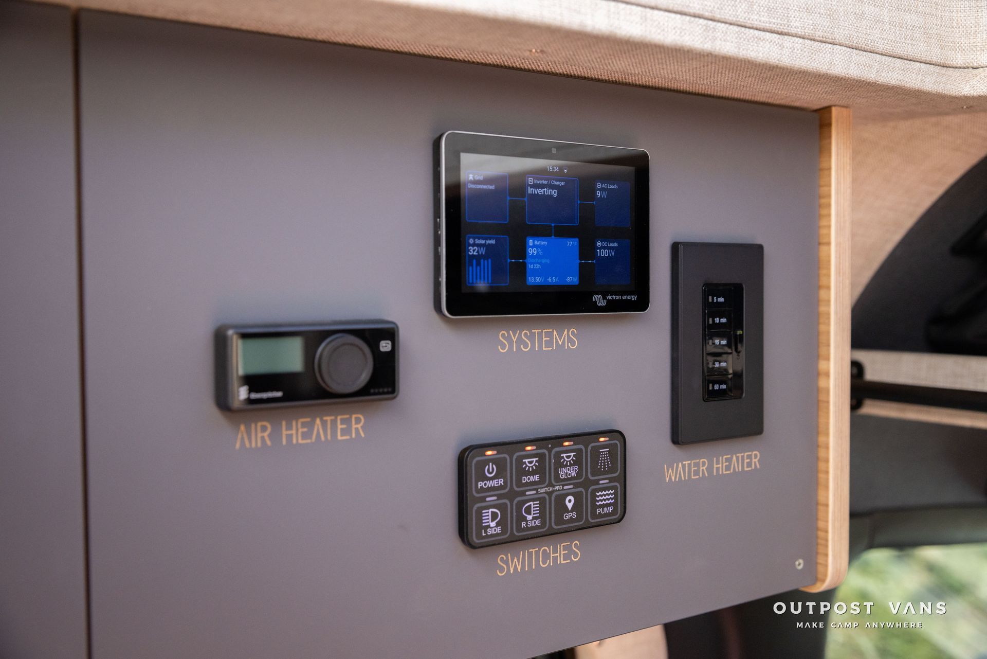 Control panel with air heater, switches, and a touchscreen display in a vehicle. Gray and black.
