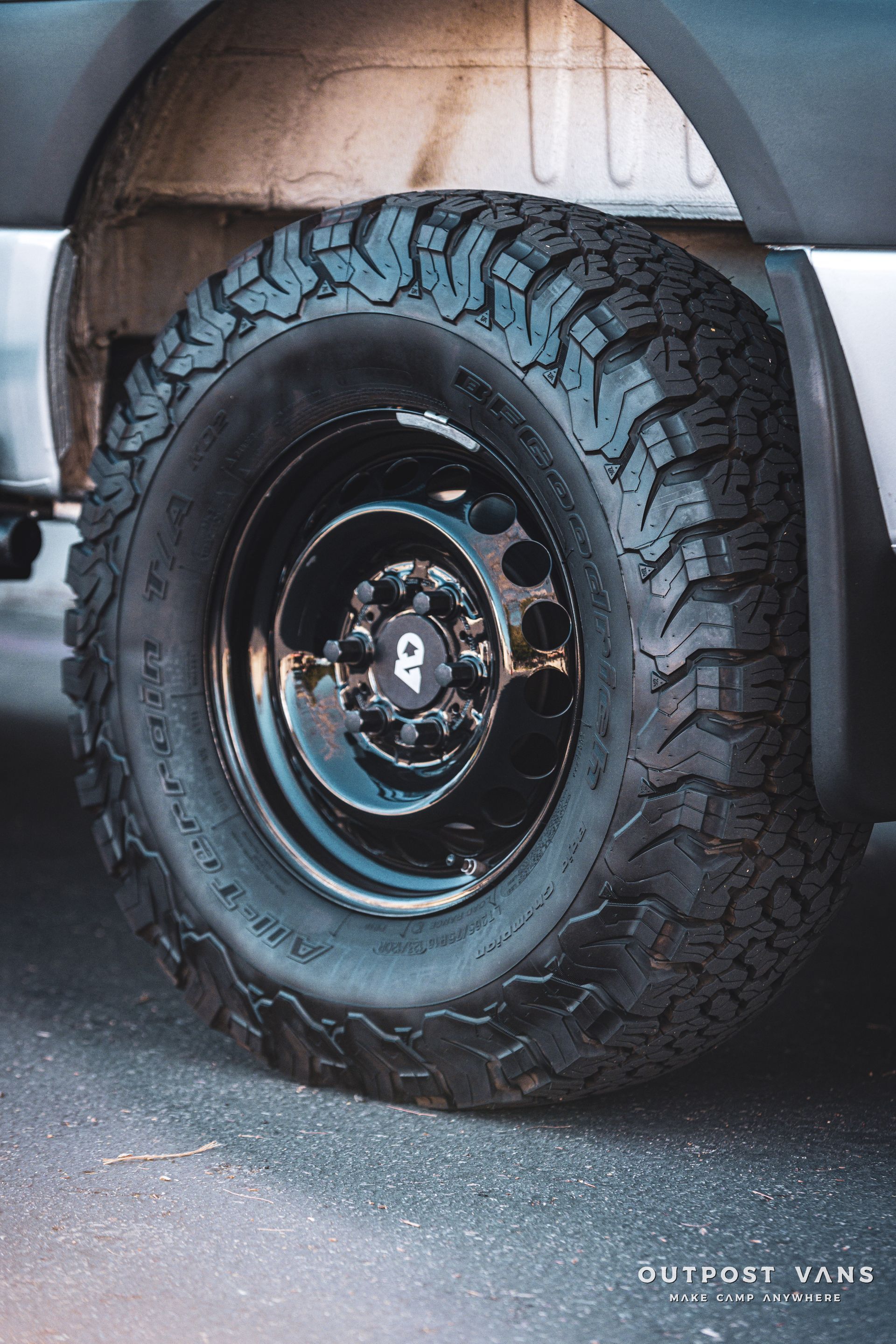 a close up of a tire on a van .