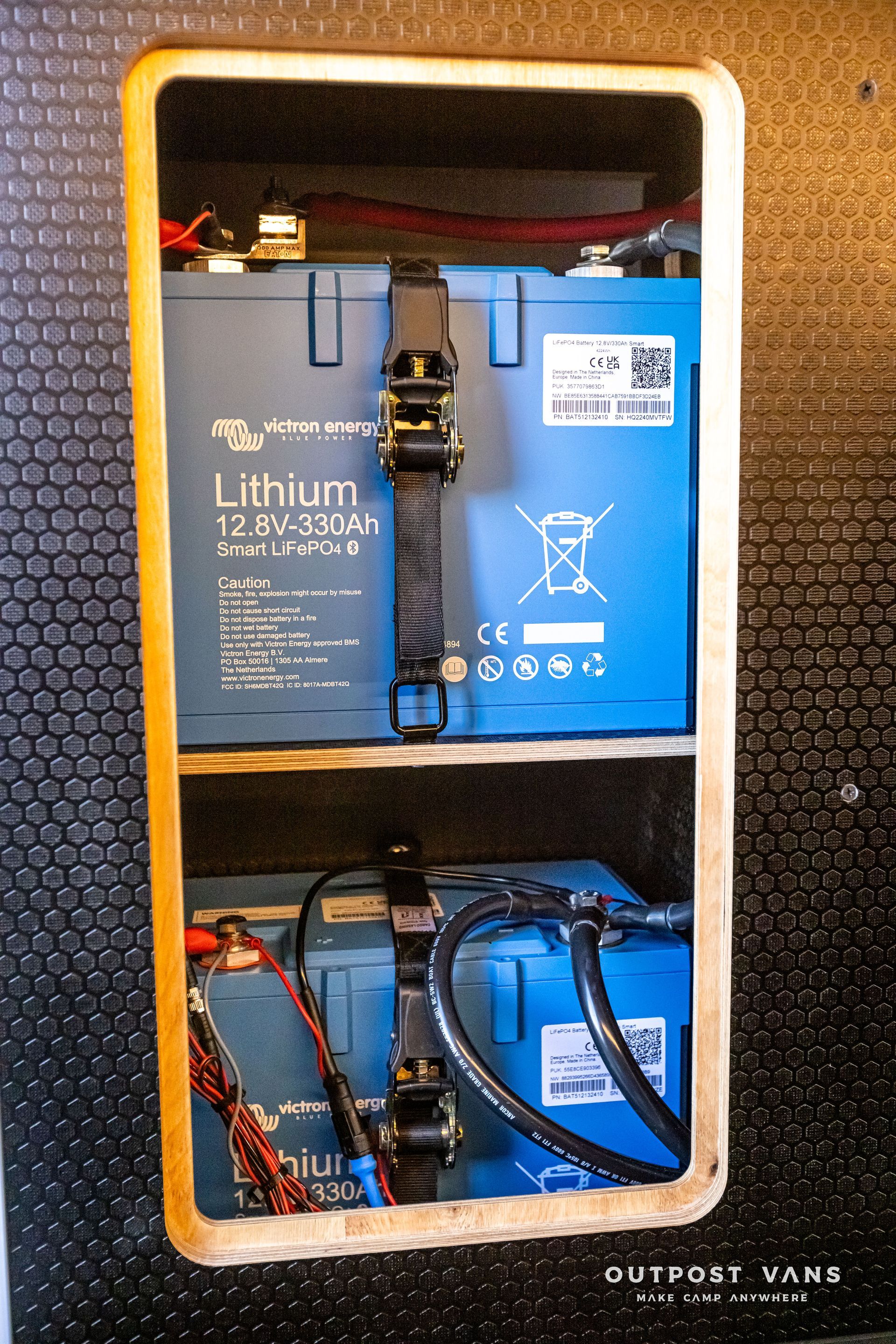 Two lithium batteries are sitting inside of a box