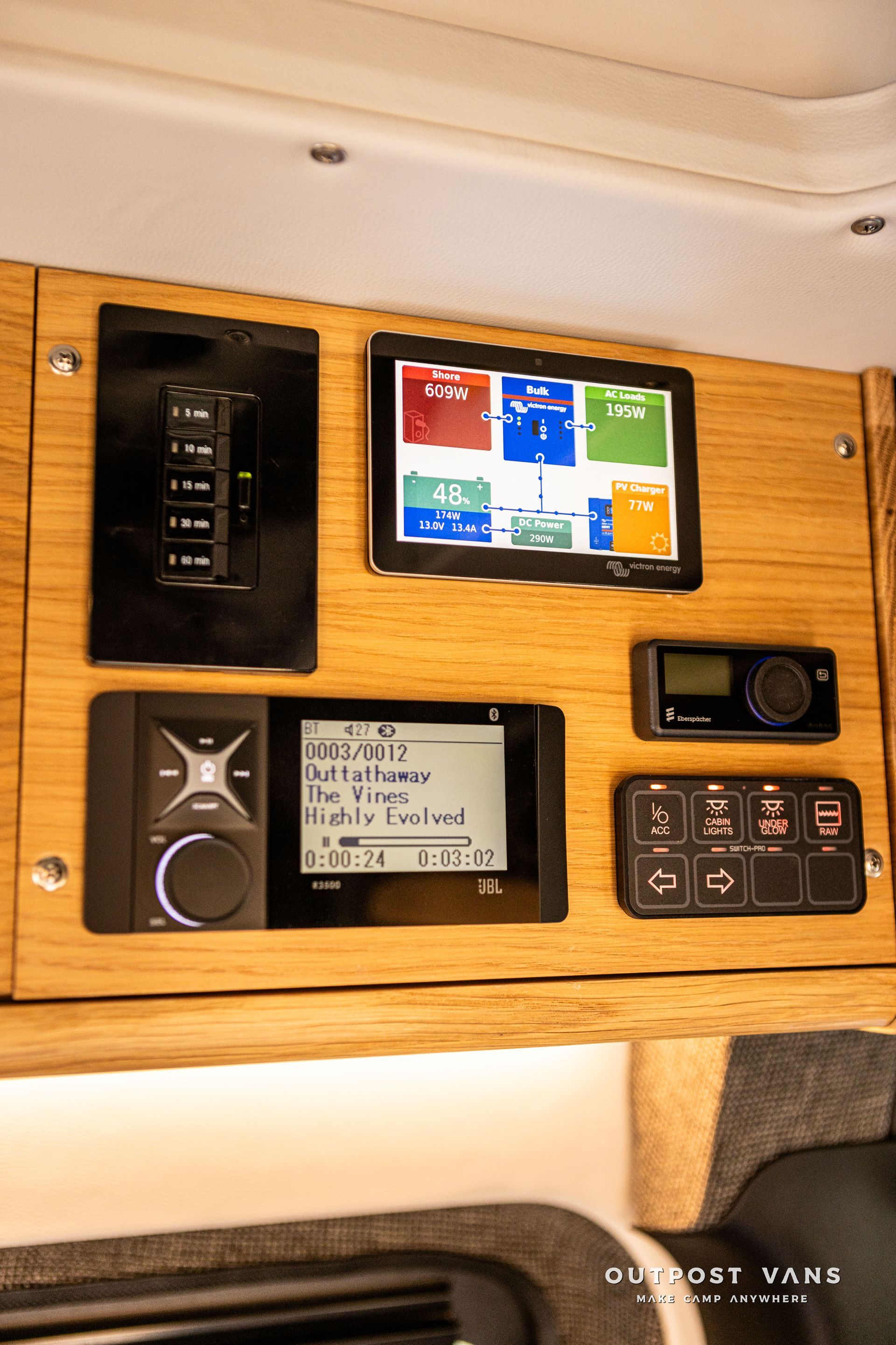 A wooden shelf with a tablet and other electronic devices on it