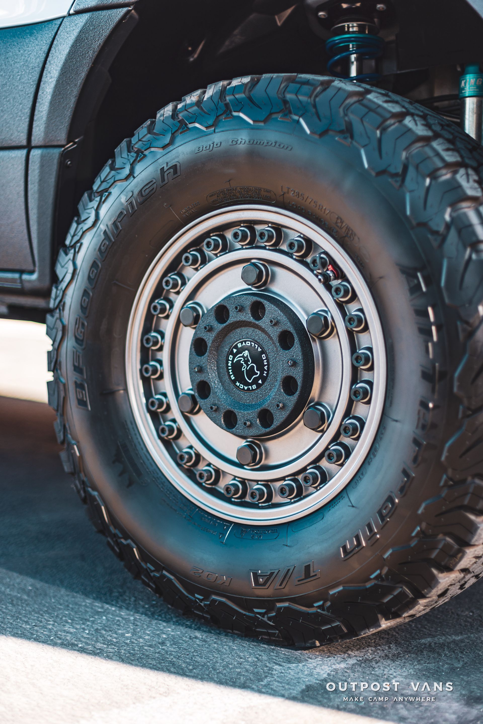 A close up of a tire on a truck.