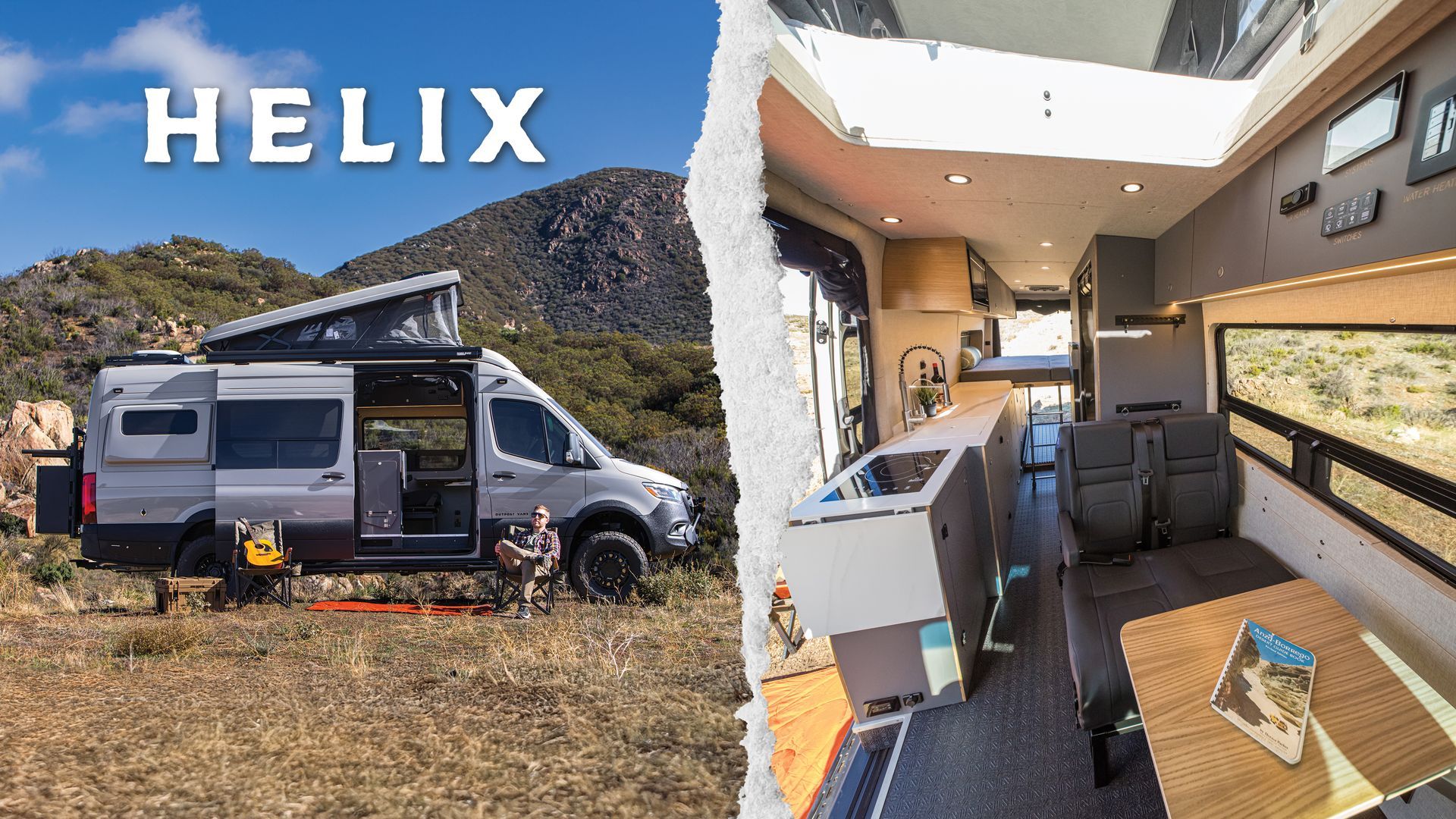 A silver camper van parked outdoors with pop-up roof and interior view. 