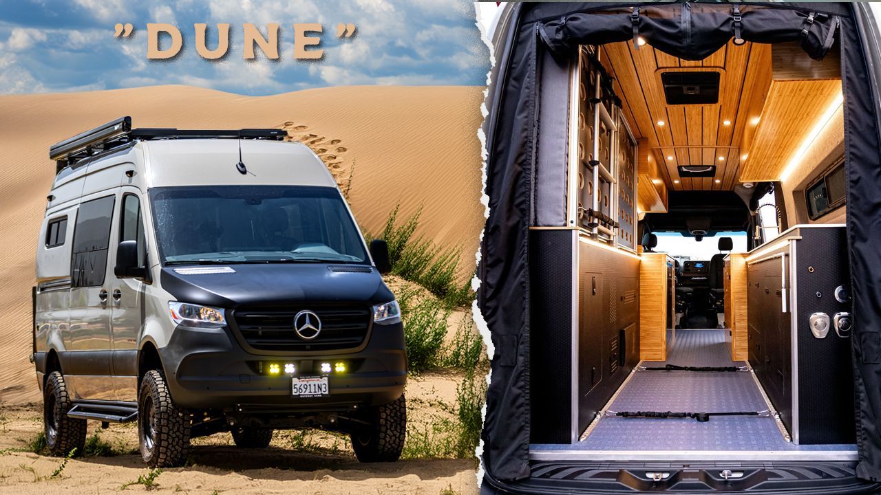 A mercedes sprinter van with a ladder on the roof is parked in the dirt.