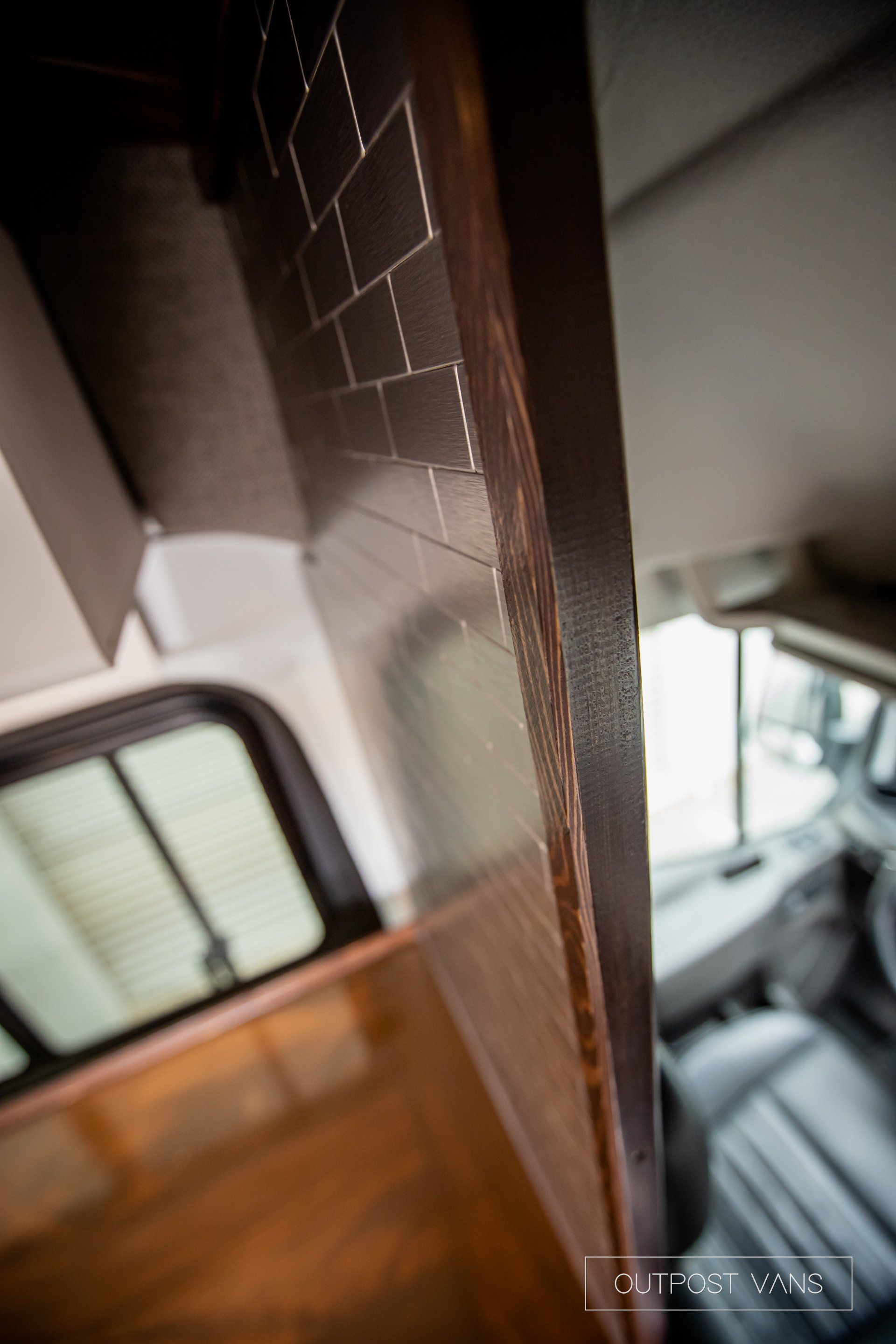 a close up of a door in a camper van .