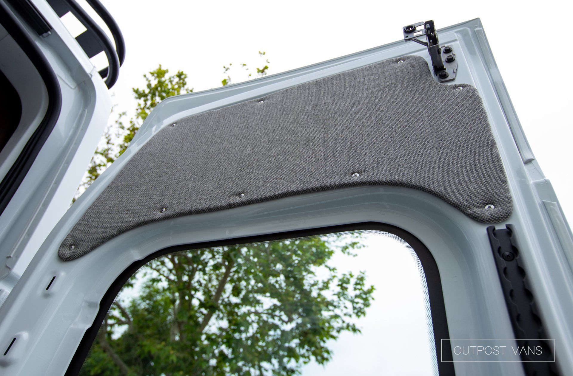 a close up of a car door with a tree in the background
