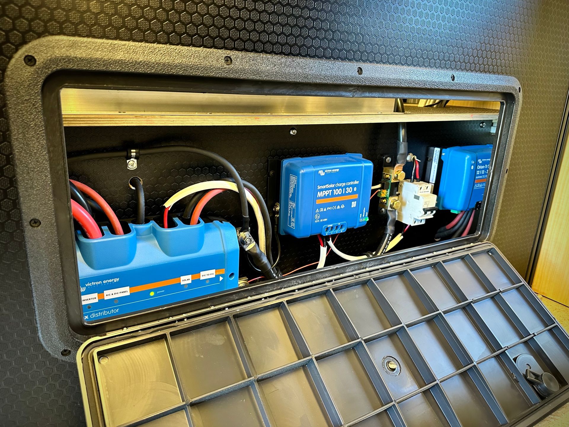 The inside of a box with a blue box that says on it