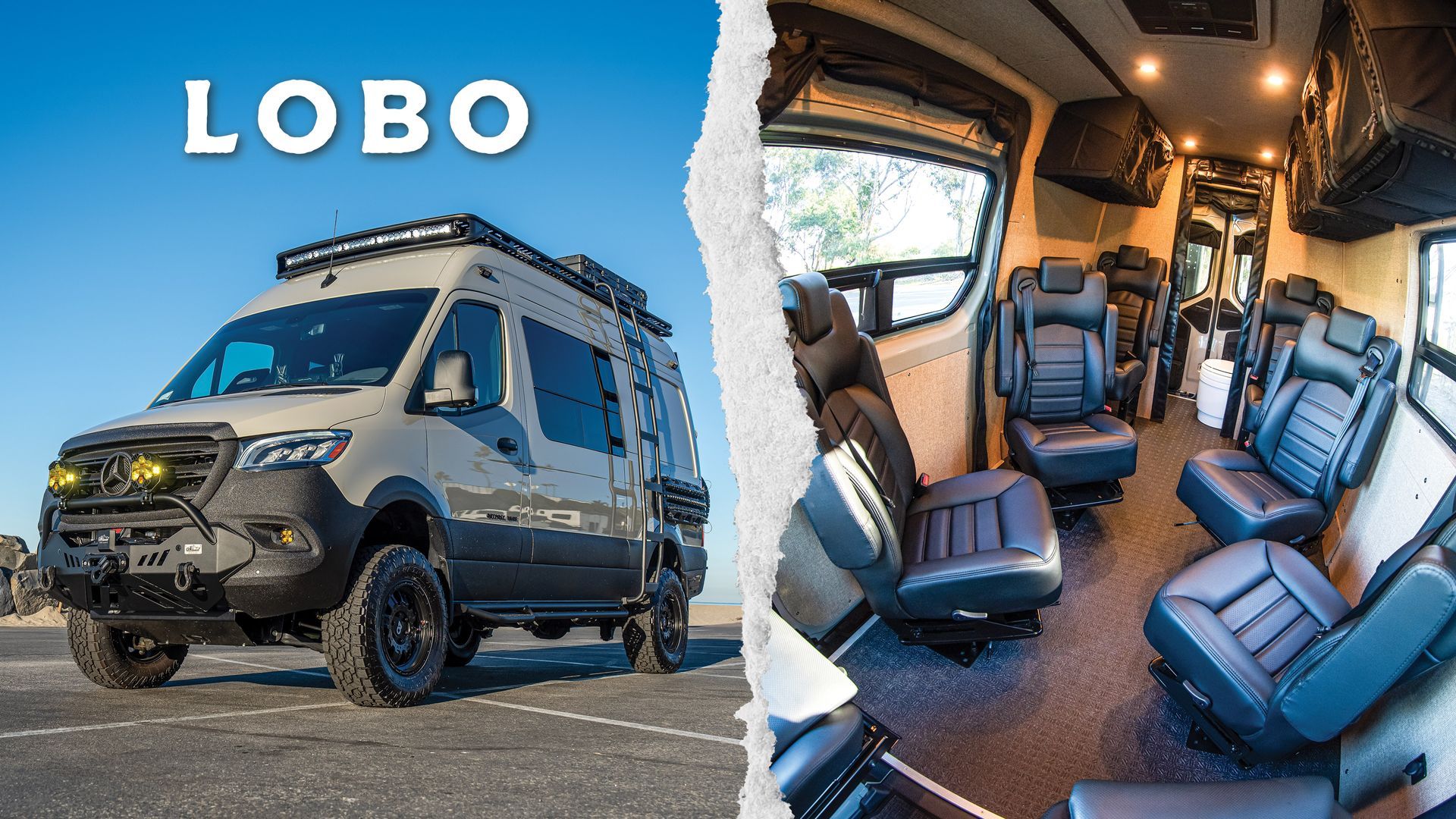 Off-road van: exterior, grey, and interior with black leather seats and overhead storage, labeled 