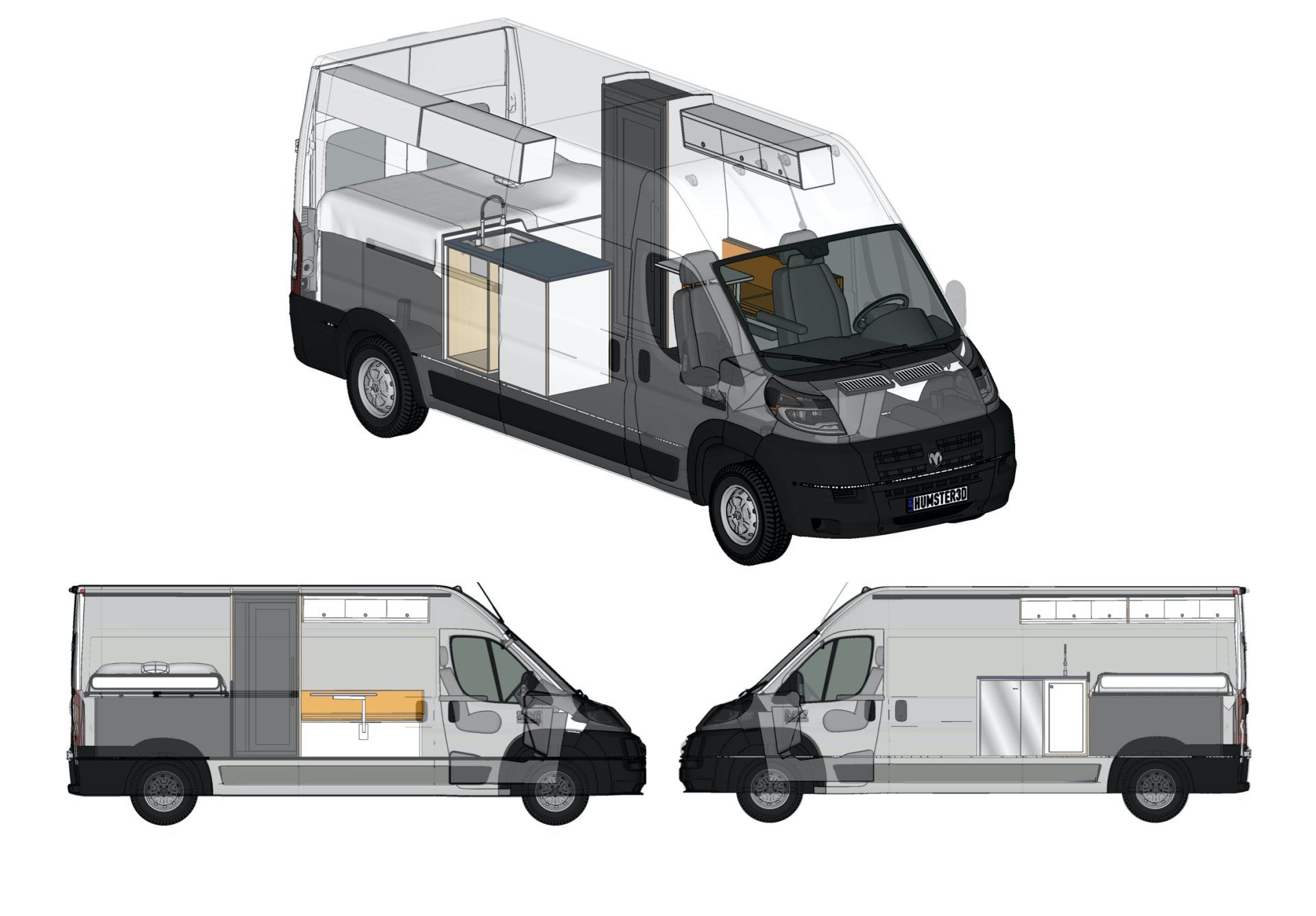 a van is shown from three different angles on a white background .