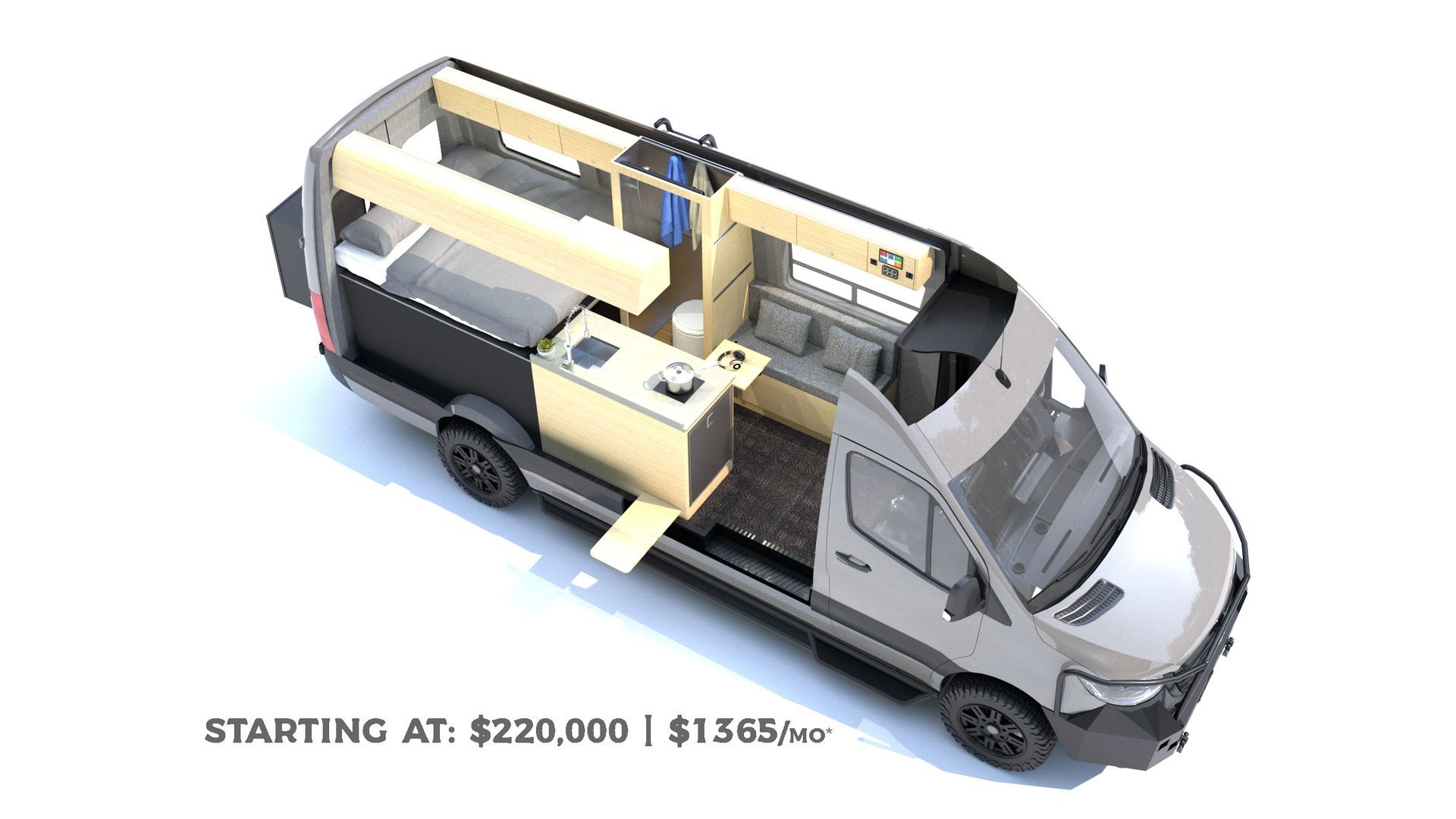 A gray van interior with a kitchen setup and price of $220,000.