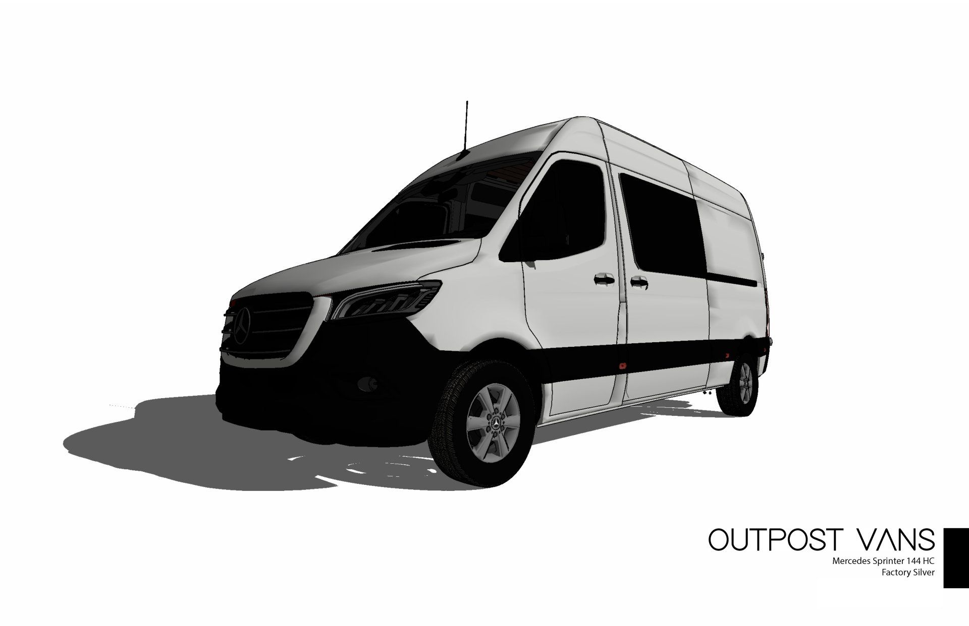 A black and white drawing of a white van on a white background.