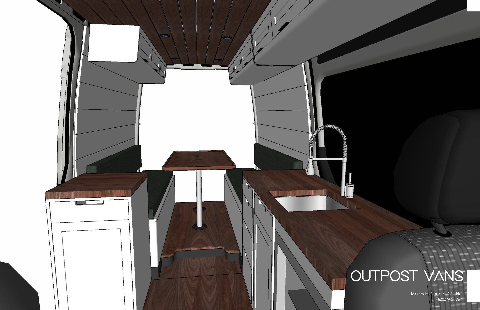 A 3d model of a van with wooden counter tops and a sink