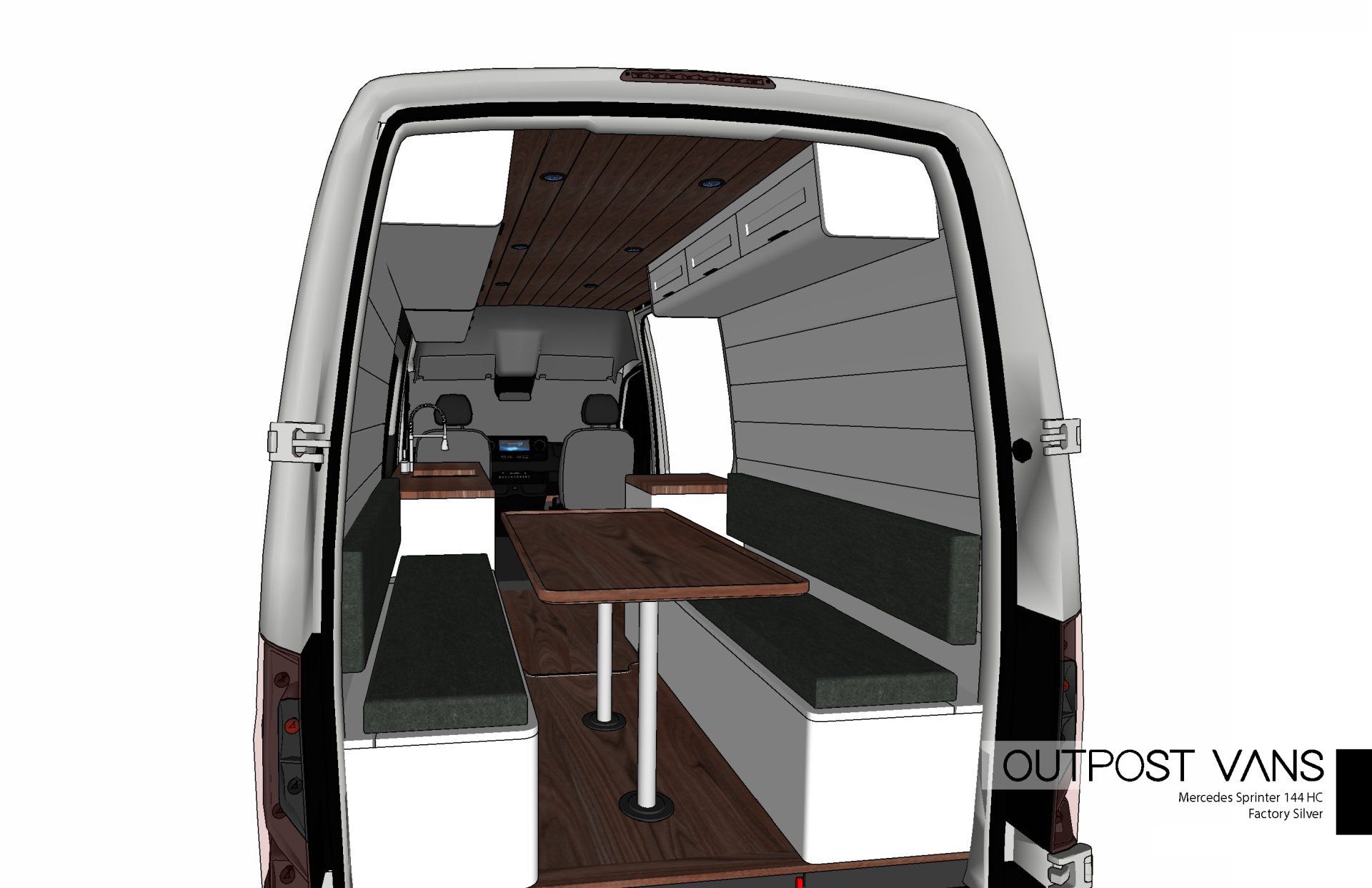 A white van with a wooden table in the back
