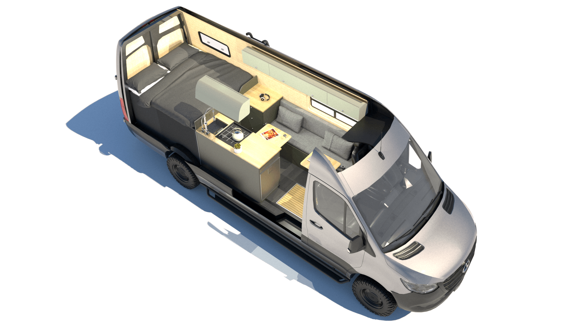 an isometric view of a camper van with a bed and a table .