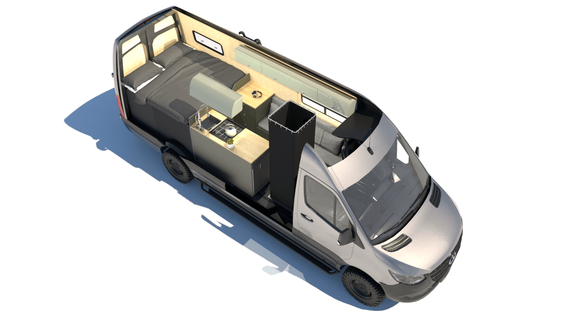 an isometric view of a camper van with a bed and a kitchen .