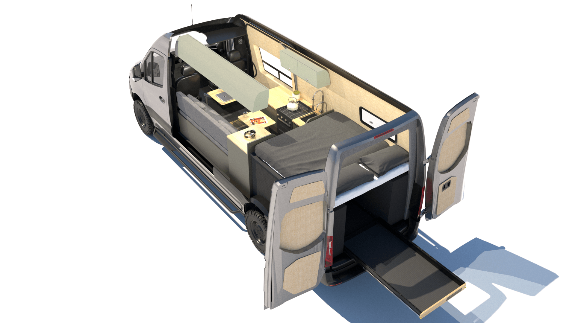 a 3d model of a van with its doors open and a bed in the back .