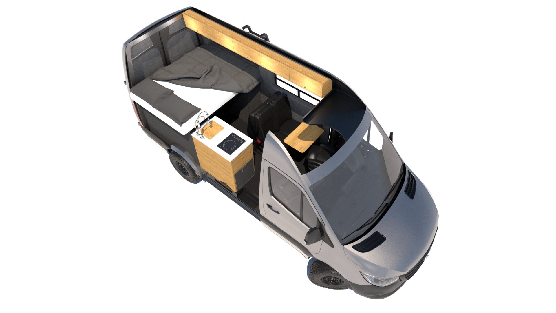 an aerial view of a van with a bed in the back .