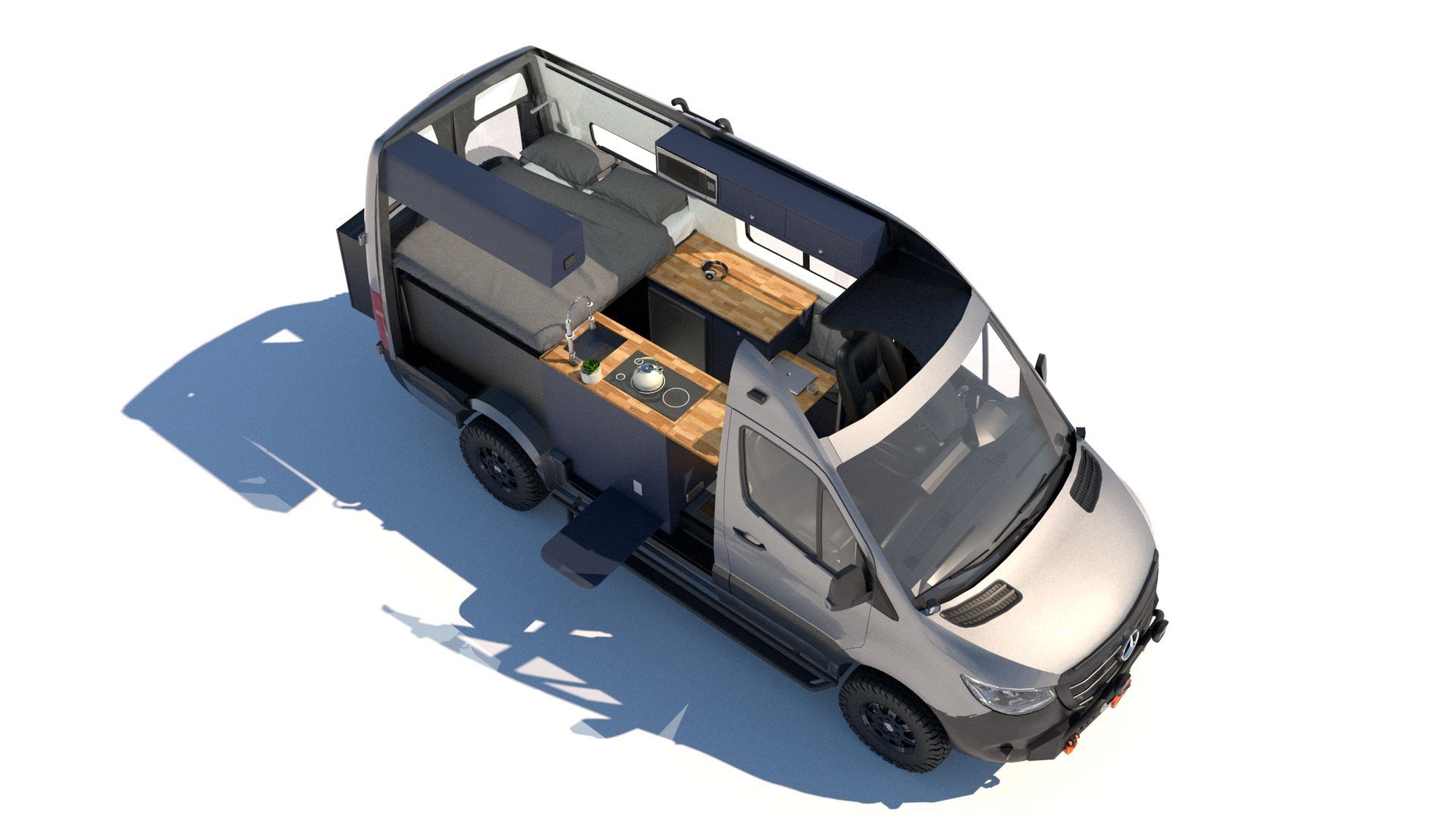 a 3d model of a camper van with a wooden table in the back .