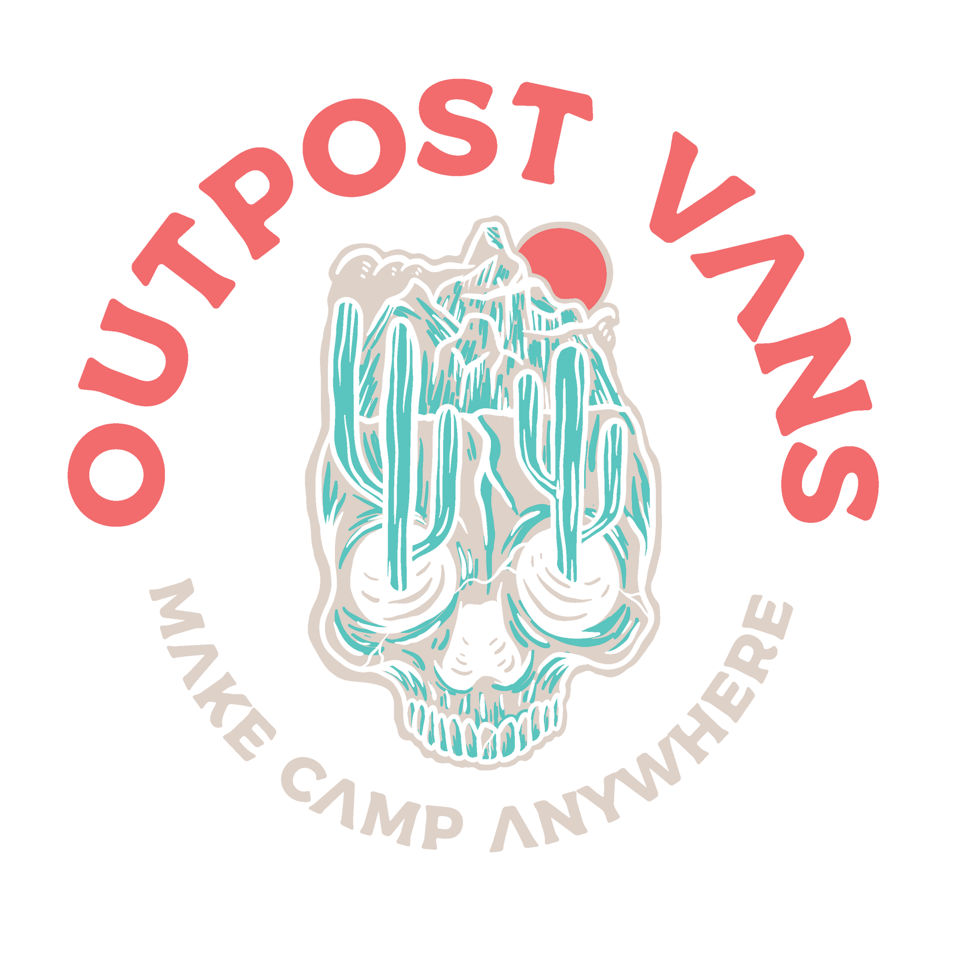 The logo for outpost vans shows a skull with cactus growing out of it.