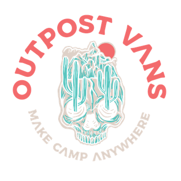 The logo for outpost vans shows a skull with cactus growing out of it.