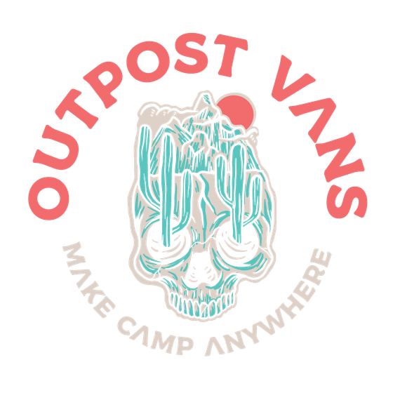the logo for outpost vans shows a skull with cactus growing out of it .