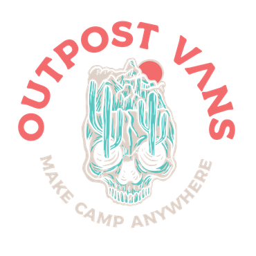 the logo for outpost vans shows a skull with cactus growing out of it .