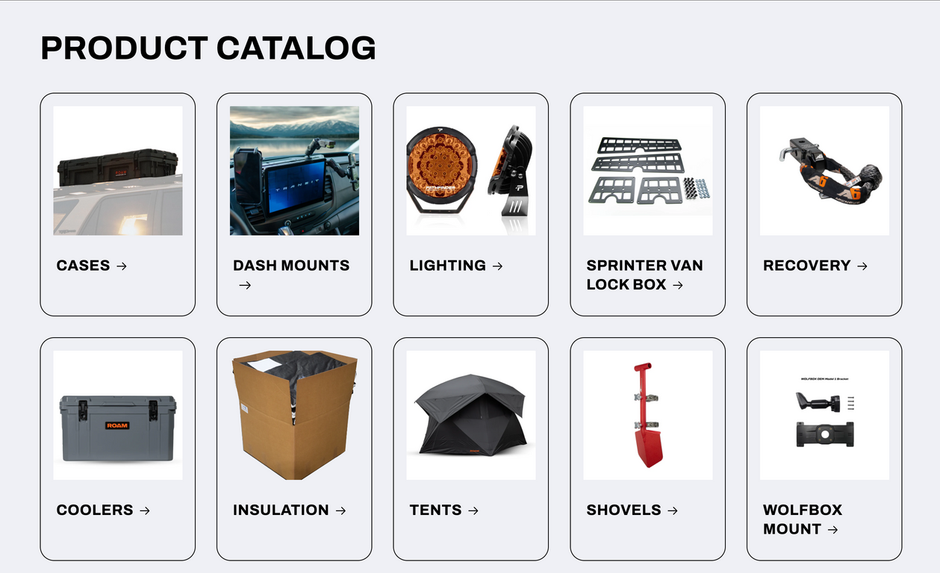 Product catalog with categories: Cases, Dashboard Mounts, Lighting, Sprinter Van Lockbox, Recovery, Coolers, Insulation, Tents, Shovels, and Molle Mount.