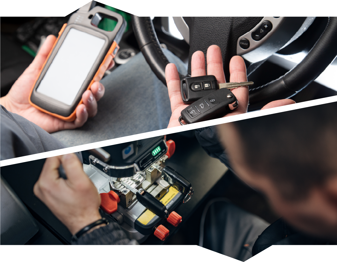 A man is holding a car key next to a steering wheel.