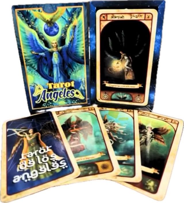 Tarot deck box and cards with angelic imagery, including blue, gold, and white hues.
