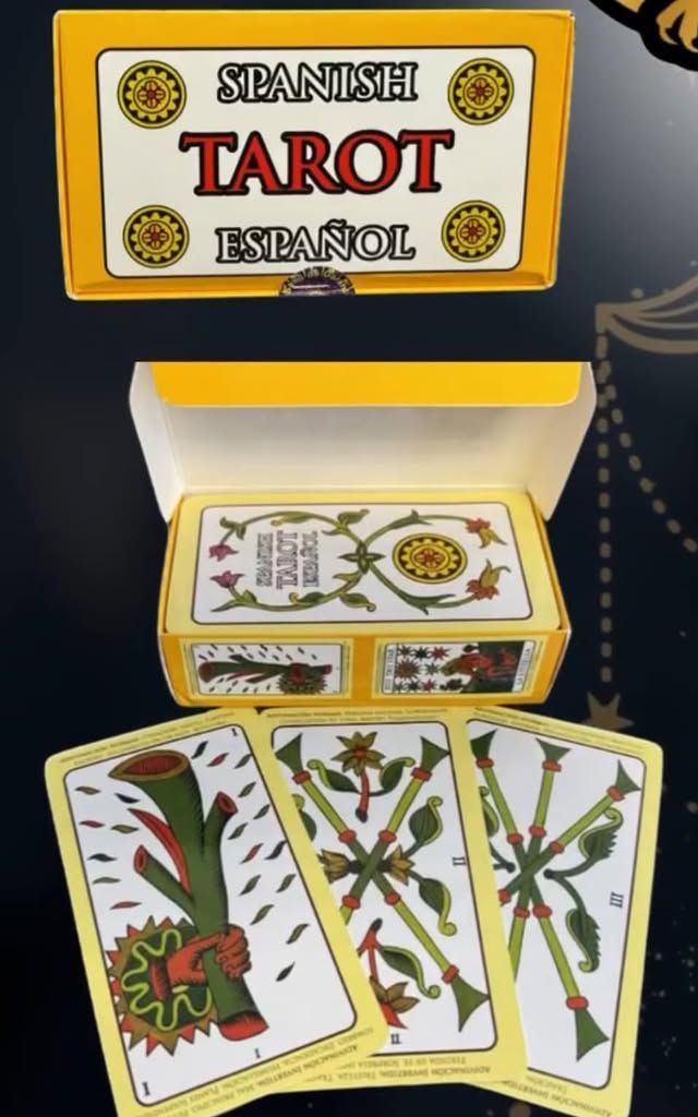 A Spanish Tarot deck in its yellow box. Three cards are displayed, featuring bold symbols and colors.