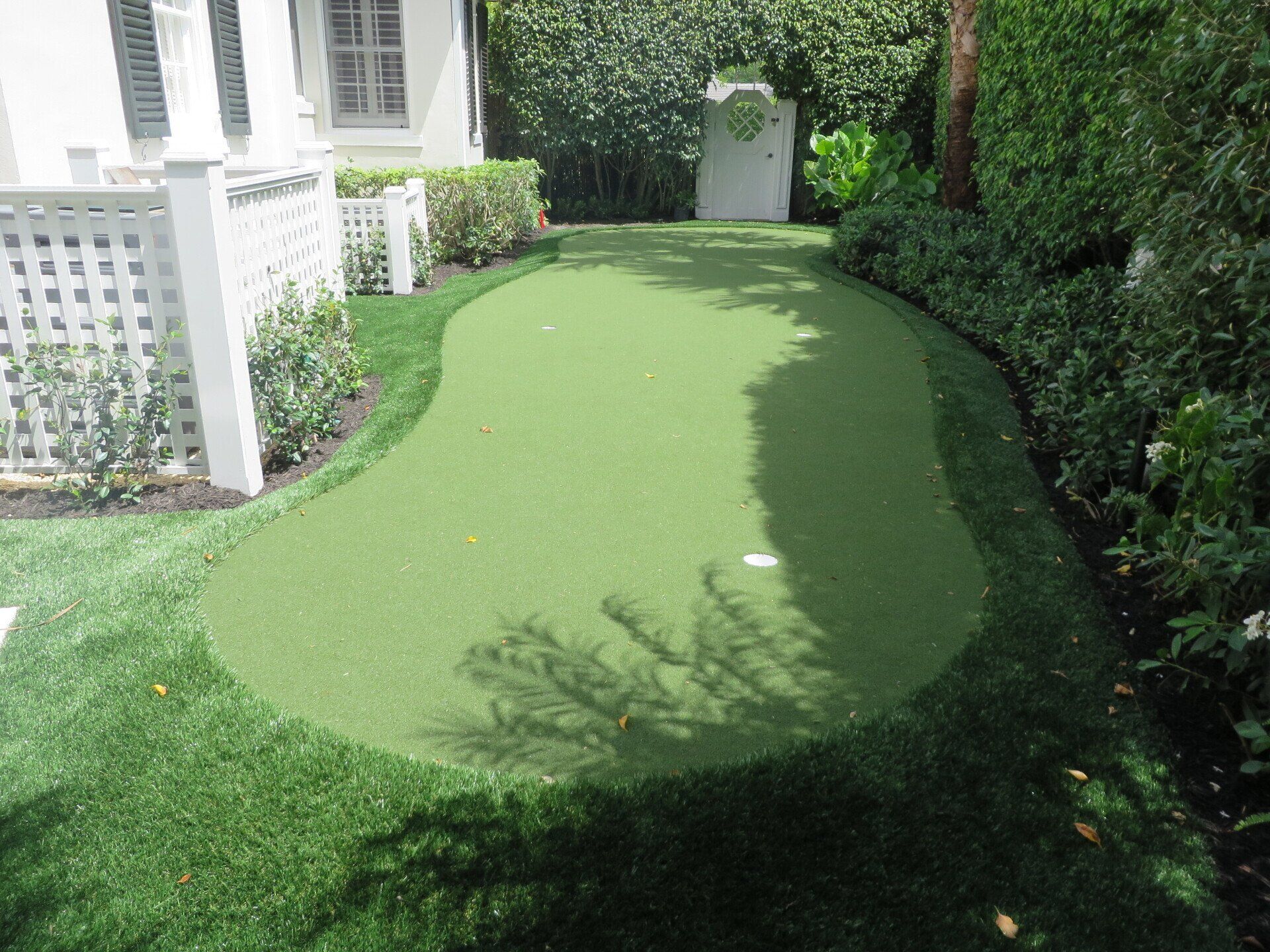 Green artificial turf putting green in a backyard, surrounded by grass, shrubs, and a white fence.