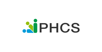 Logo of PHCS, featuring three stylized figures in blue, green, and yellow, with the initials