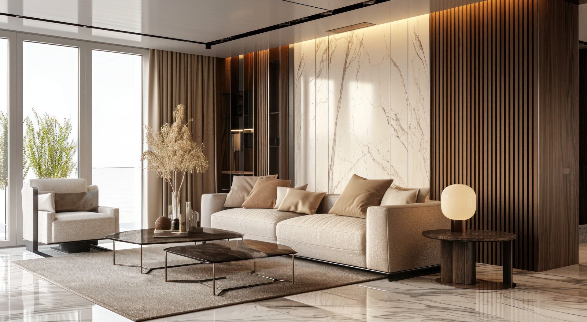 Modern living room with a beige sofa, marble accent wall, and large windows.