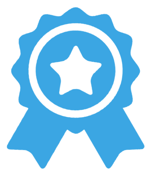 A blue ribbon with a white star in the middle.