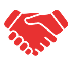 A red handshake icon on a white background.