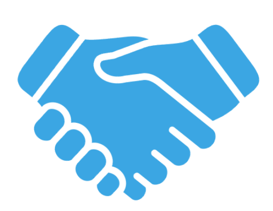 A blue handshake icon on a white background.