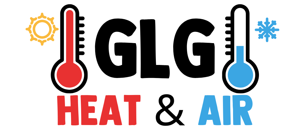 A logo for glg heat and air with a thermometer and a sun.