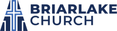 the briarlake church logo is a black and blue logo with a cross on it .