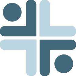 Abstract logo of a cross shape, four arms in two shades of blue with two circles.