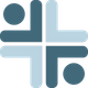 Abstract logo of a cross shape, four arms in two shades of blue with two circles.