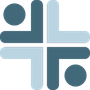Abstract logo of a cross shape, four arms in two shades of blue with two circles.