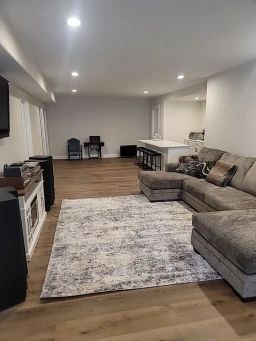 Living room with sectional sofa, rug, and entertainment center on wood floors.