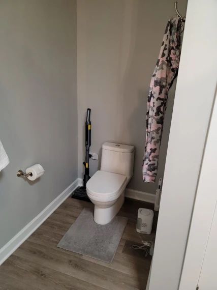 Small bathroom with gray walls, toilet, and a handheld vacuum.