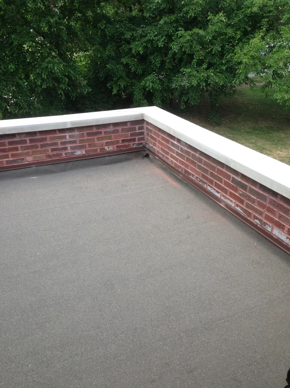 Flat rooftop with brick walls, white coping, and green trees in the background.
